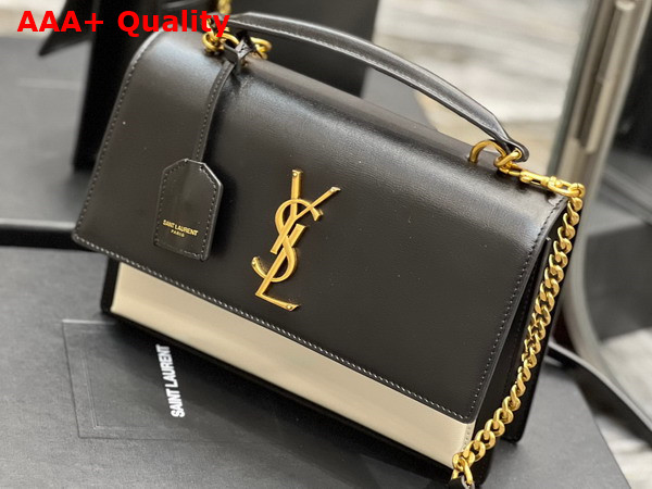 Saint Laurent Sunset Medium Top Handle in Black and White Smooth Leather Replica