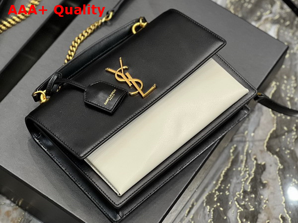 Saint Laurent Sunset Medium Top Handle in Black and White Smooth Leather Replica