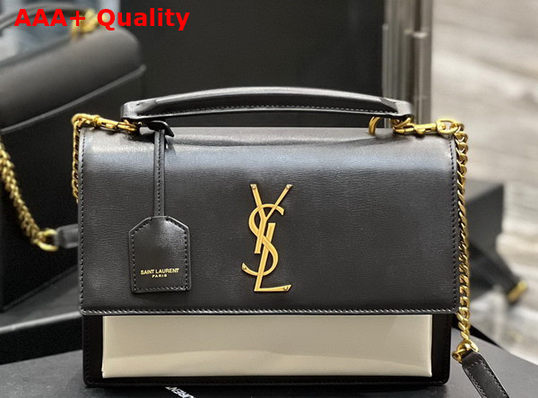Saint Laurent Sunset Medium Top Handle in Black and White Smooth Leather Replica