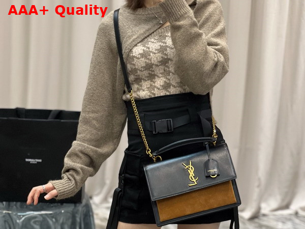 Saint Laurent Sunset Medium Top Handle in Smooth Leather and Suede Black and Brown Replica