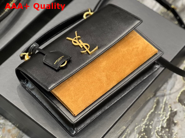 Saint Laurent Sunset Medium Top Handle in Smooth Leather and Suede Black and Brown Replica