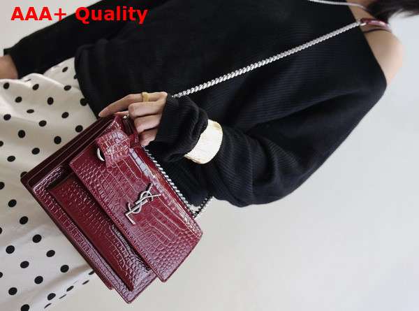 Saint Laurent Sunset Medium in Burgundy Crocodile Embossed Leather Replica