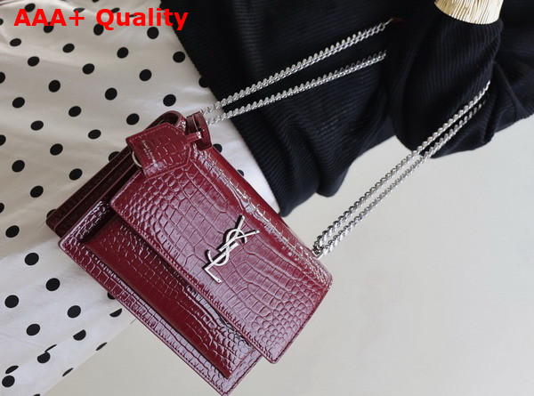 Saint Laurent Sunset Medium in Burgundy Crocodile Embossed Leather Replica