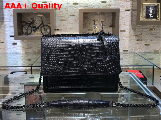 Saint Laurent Sunset Medium in Crocodile Embossed Shiny Leather Black Metal Hardware Replica