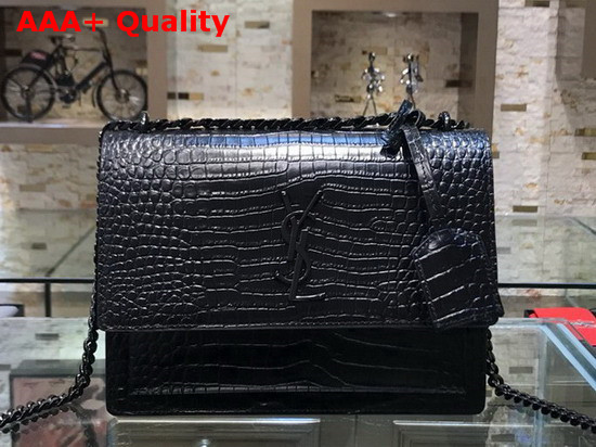 Saint Laurent Sunset Medium in Crocodile Embossed Shiny Leather Black Metal Hardware Replica