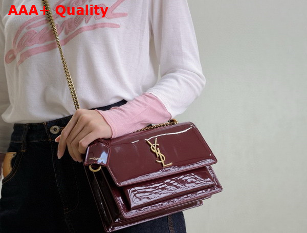 Saint Laurent Sunset Medium in Patent Leather Dark Red Wine Replica