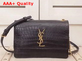 Saint Laurent Sunset Small in Supple Crocodile Embossed Leather Black Replica