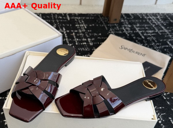 Saint Laurent Tribute Mules in Bordeaux Patent Leather Replica