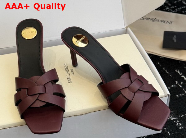 Saint Laurent Tribute Mules in Burgundy Smooth Leather Replica