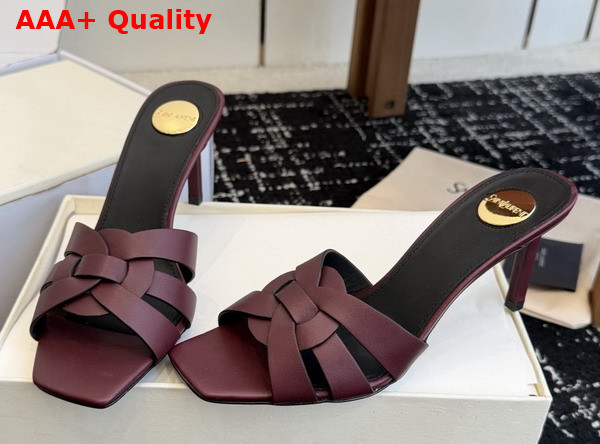 Saint Laurent Tribute Mules in Burgundy Smooth Leather Replica