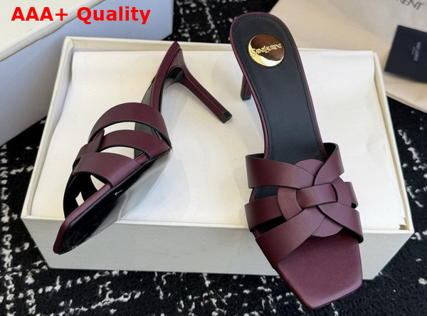 Saint Laurent Tribute Mules in Burgundy Smooth Leather Replica