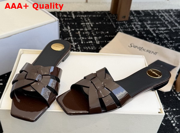 Saint Laurent Tribute Mules in Dark Chocolate Patent Leather Replica