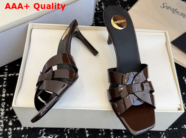 Saint Laurent Tribute Mules in Dark Chocolate Patent Leather Replica