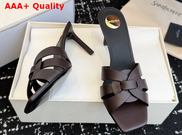 Saint Laurent Tribute Mules in Dark Chocolate Smooth Leather Replica