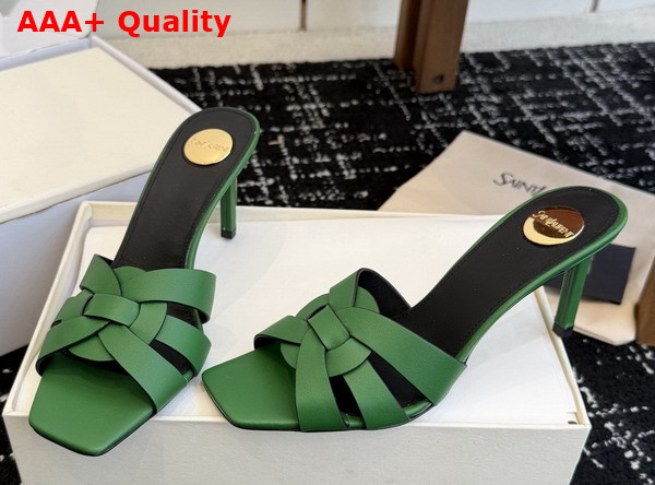 Saint Laurent Tribute Mules in Green Smooth Leather Replica