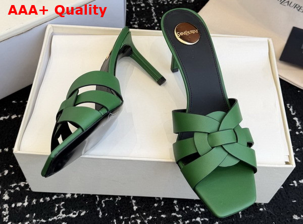 Saint Laurent Tribute Mules in Green Smooth Leather Replica