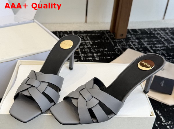 Saint Laurent Tribute Mules in Grey Smooth Leather Replica
