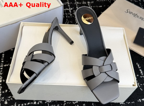 Saint Laurent Tribute Mules in Grey Smooth Leather Replica