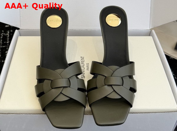 Saint Laurent Tribute Mules in Khaki Smooth Leather Replica