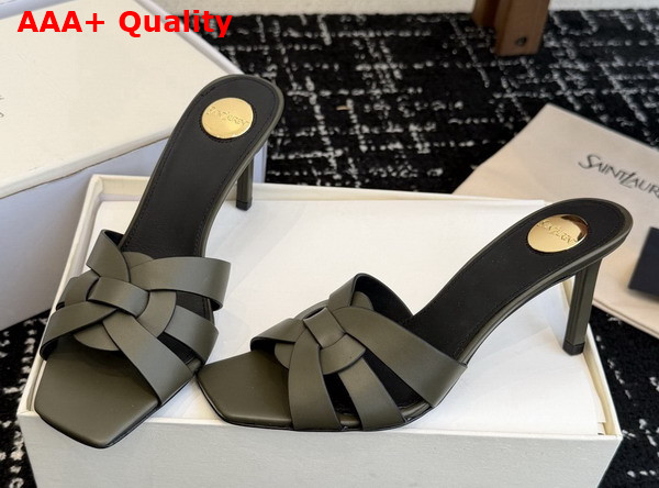 Saint Laurent Tribute Mules in Khaki Smooth Leather Replica