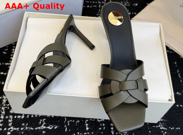 Saint Laurent Tribute Mules in Khaki Smooth Leather Replica