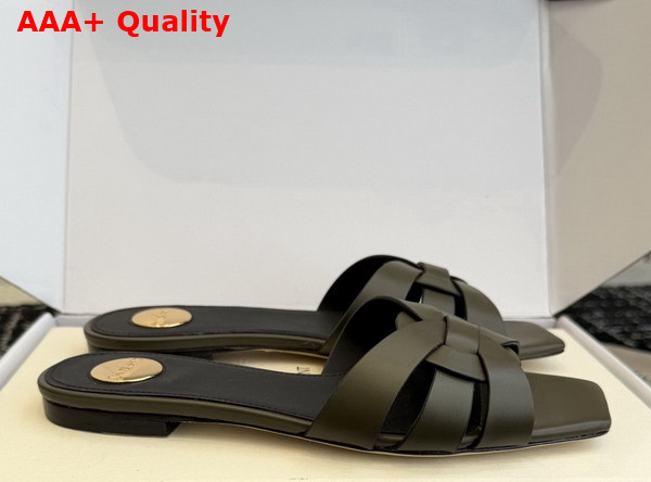 Saint Laurent Tribute Mules in Khaki Smooth Leather Replica