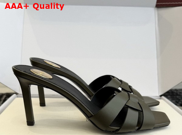 Saint Laurent Tribute Mules in Khaki Smooth Leather Replica