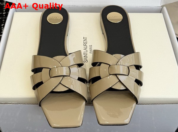 Saint Laurent Tribute Mules in Light Khaki Patent Leather Replica