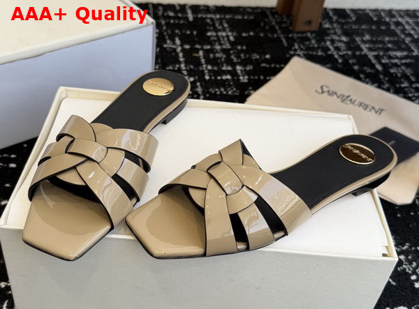 Saint Laurent Tribute Mules in Light Khaki Patent Leather Replica