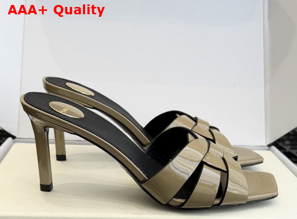Saint Laurent Tribute Mules in Light Khaki Patent Leather Replica