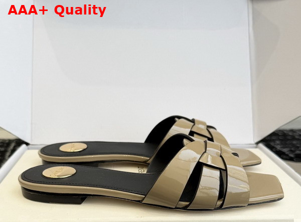 Saint Laurent Tribute Mules in Light Khaki Patent Leather Replica