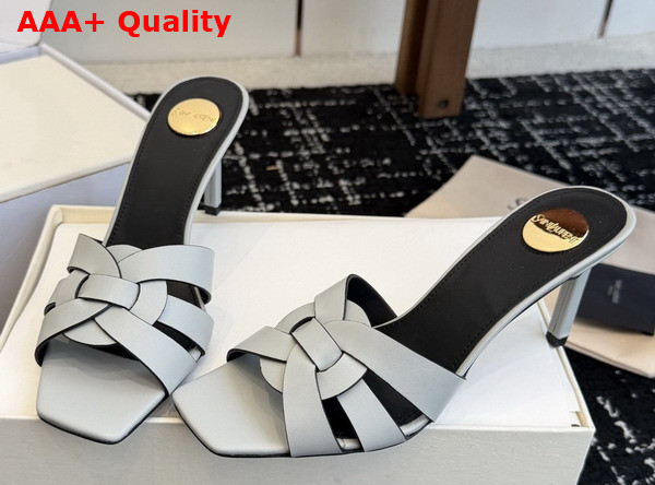 Saint Laurent Tribute Mules in Pale Blue Smooth Leather Replica