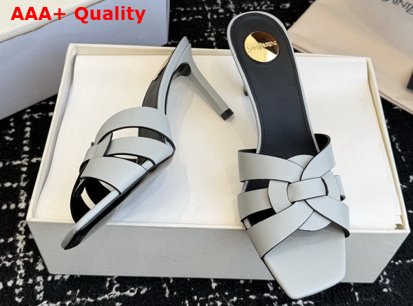 Saint Laurent Tribute Mules in Pale Blue Smooth Leather Replica