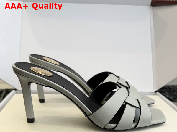 Saint Laurent Tribute Mules in Pale Blue Smooth Leather Replica