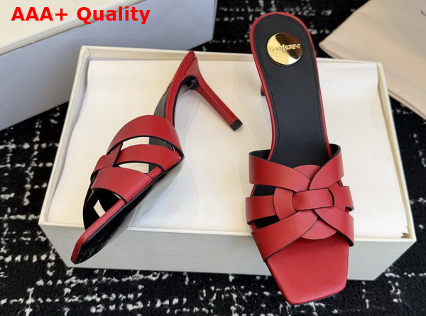 Saint Laurent Tribute Mules in Red Smooth Leather Replica
