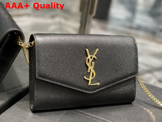 Saint Laurent Uptown Chain Wallet in Black Grain de Poudre Embossed Leather Replica