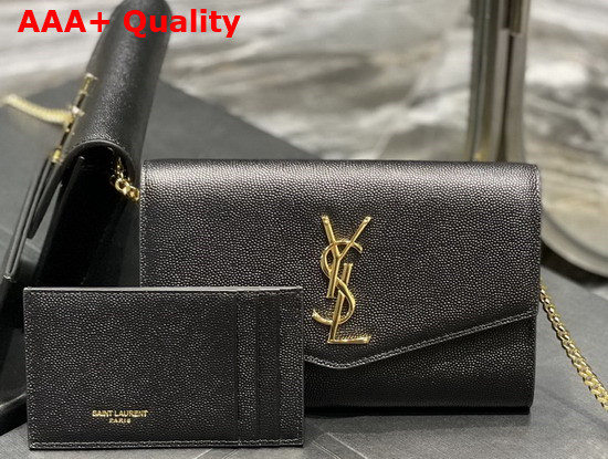 Saint Laurent Uptown Chain Wallet in Black Grain de Poudre Embossed Leather Replica