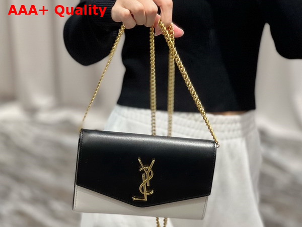Saint Laurent Uptown Chain Wallet in Black and Blanc Smooth Leather Replica
