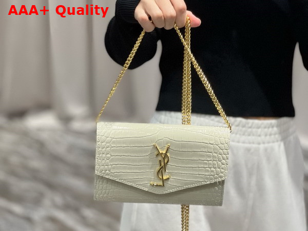 Saint Laurent Uptown Chain Wallet in Blanc Vintage Crocodile Embossed Shiny Leather Replica