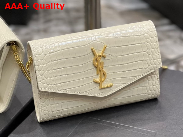 Saint Laurent Uptown Chain Wallet in Blanc Vintage Crocodile Embossed Shiny Leather Replica