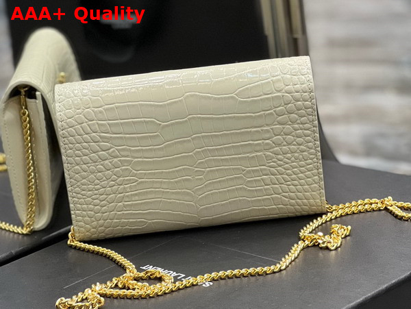 Saint Laurent Uptown Chain Wallet in Blanc Vintage Crocodile Embossed Shiny Leather Replica