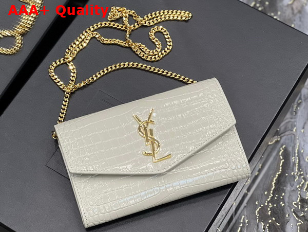 Saint Laurent Uptown Chain Wallet in Blanc Vintage Crocodile Embossed Shiny Leather Replica