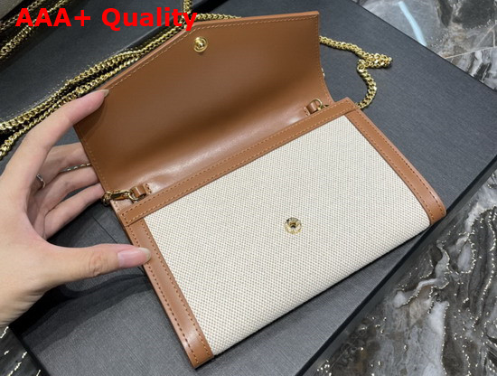 Saint Laurent Uptown Chain Wallet in Canvas and Smooth Leather Natural Beige Replica