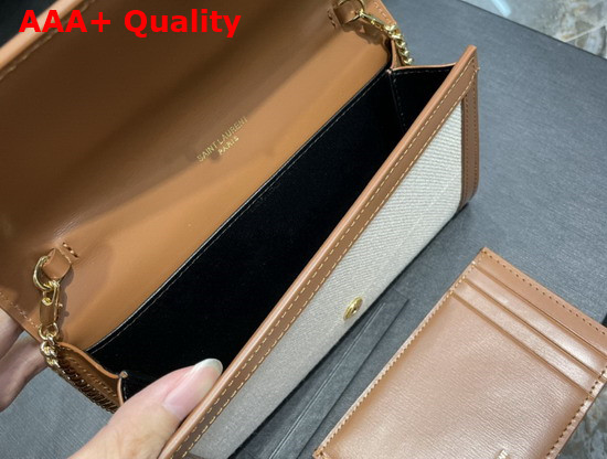 Saint Laurent Uptown Chain Wallet in Canvas and Smooth Leather Natural Beige Replica