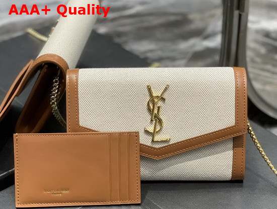 Saint Laurent Uptown Chain Wallet in Canvas and Smooth Leather Natural Beige Replica