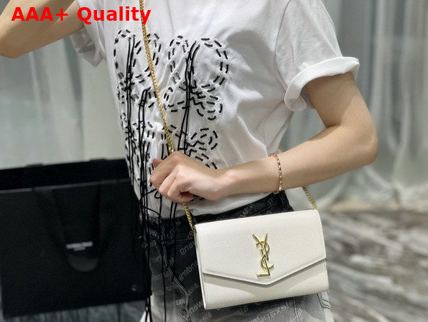 Saint Laurent Uptown Chain Wallet in Grain de Poudre Embossed Leather Blanc Vintage Replica