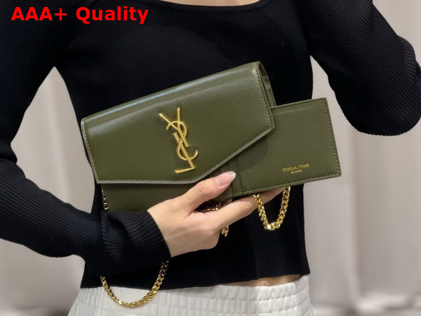 Saint Laurent Uptown Chain Wallet in Loden Green Grain de Poudre Embossed Leather Replica