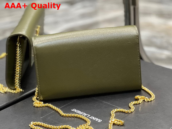 Saint Laurent Uptown Chain Wallet in Loden Green Grain de Poudre Embossed Leather Replica