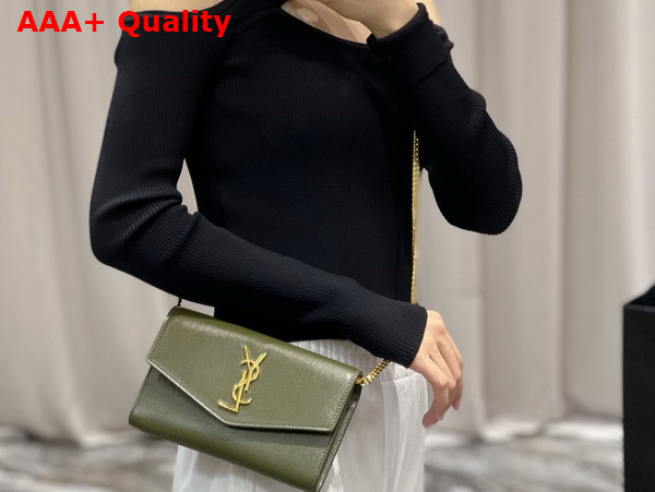 Saint Laurent Uptown Chain Wallet in Loden Green Grain de Poudre Embossed Leather Replica
