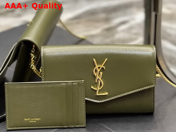 Saint Laurent Uptown Chain Wallet in Loden Green Grain de Poudre Embossed Leather Replica